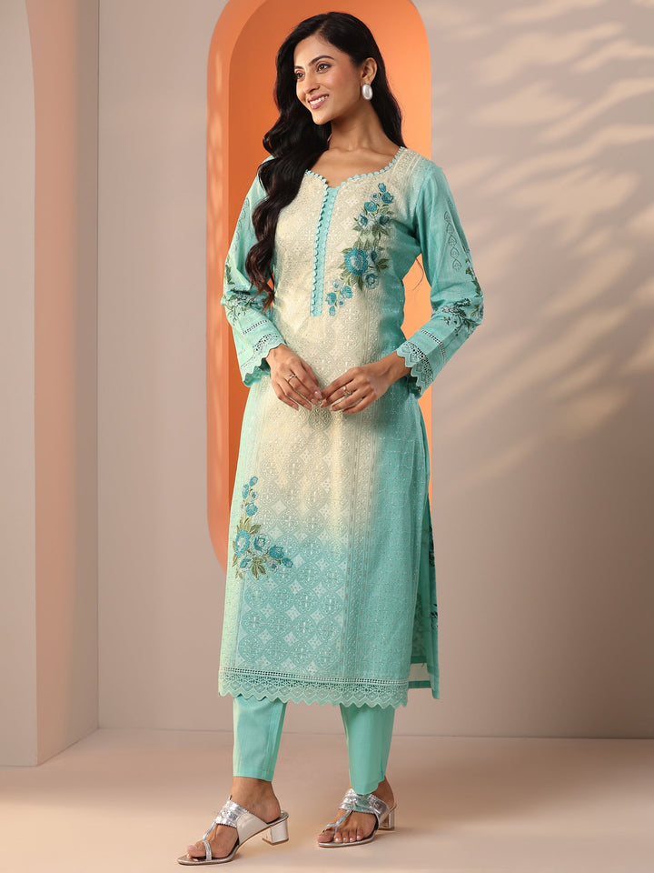 Sea Green Embroidered Cotton Straight Suit Set With Dupatta