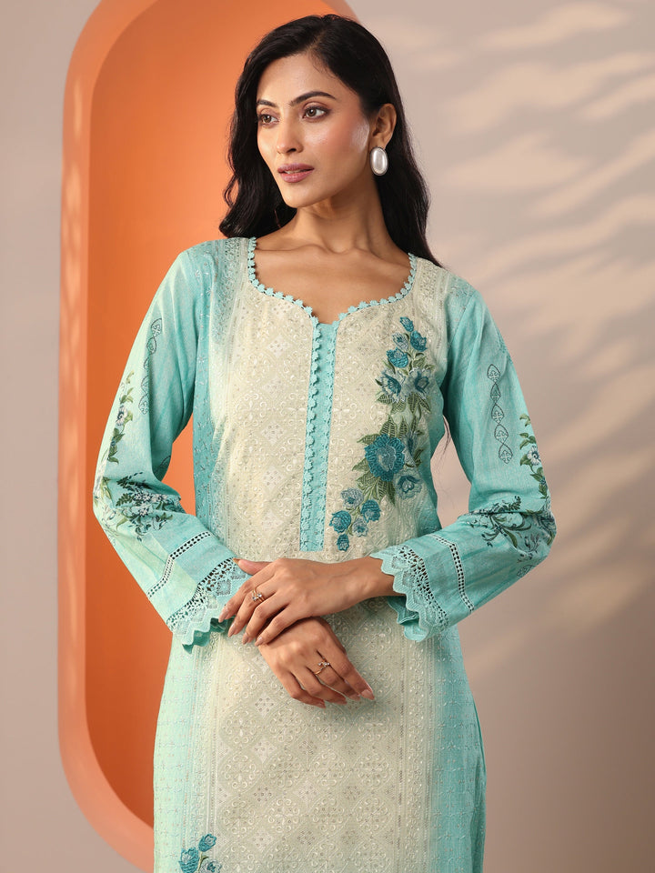 Sea Green Embroidered Cotton Straight Suit Set With Dupatta