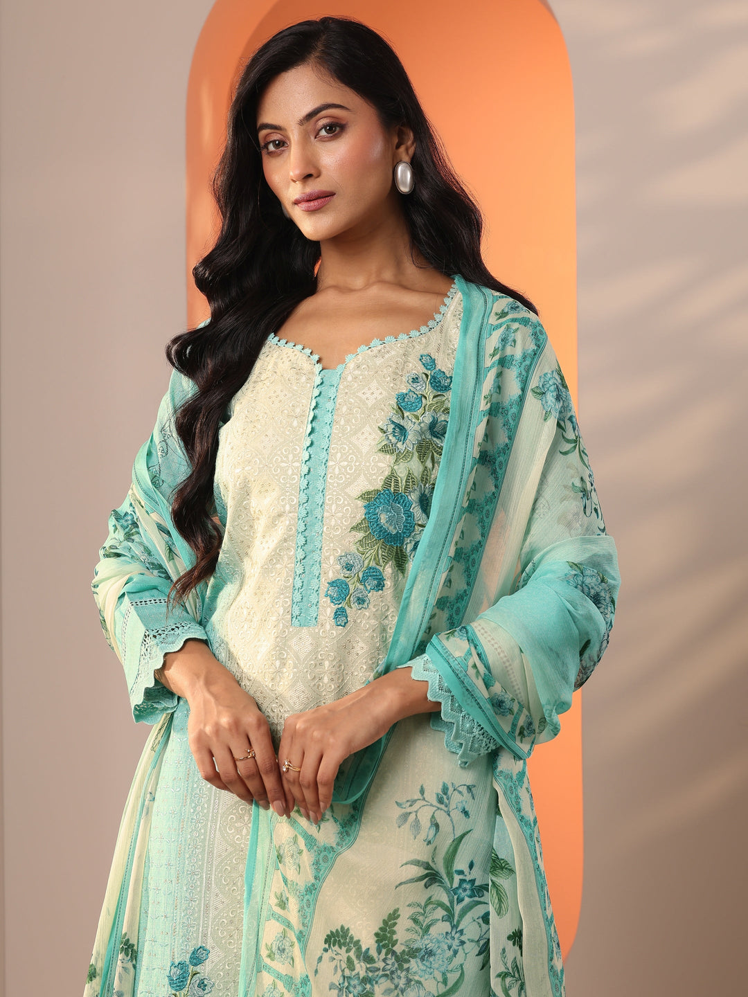 Sea Green Embroidered Cotton Straight Suit Set With Dupatta