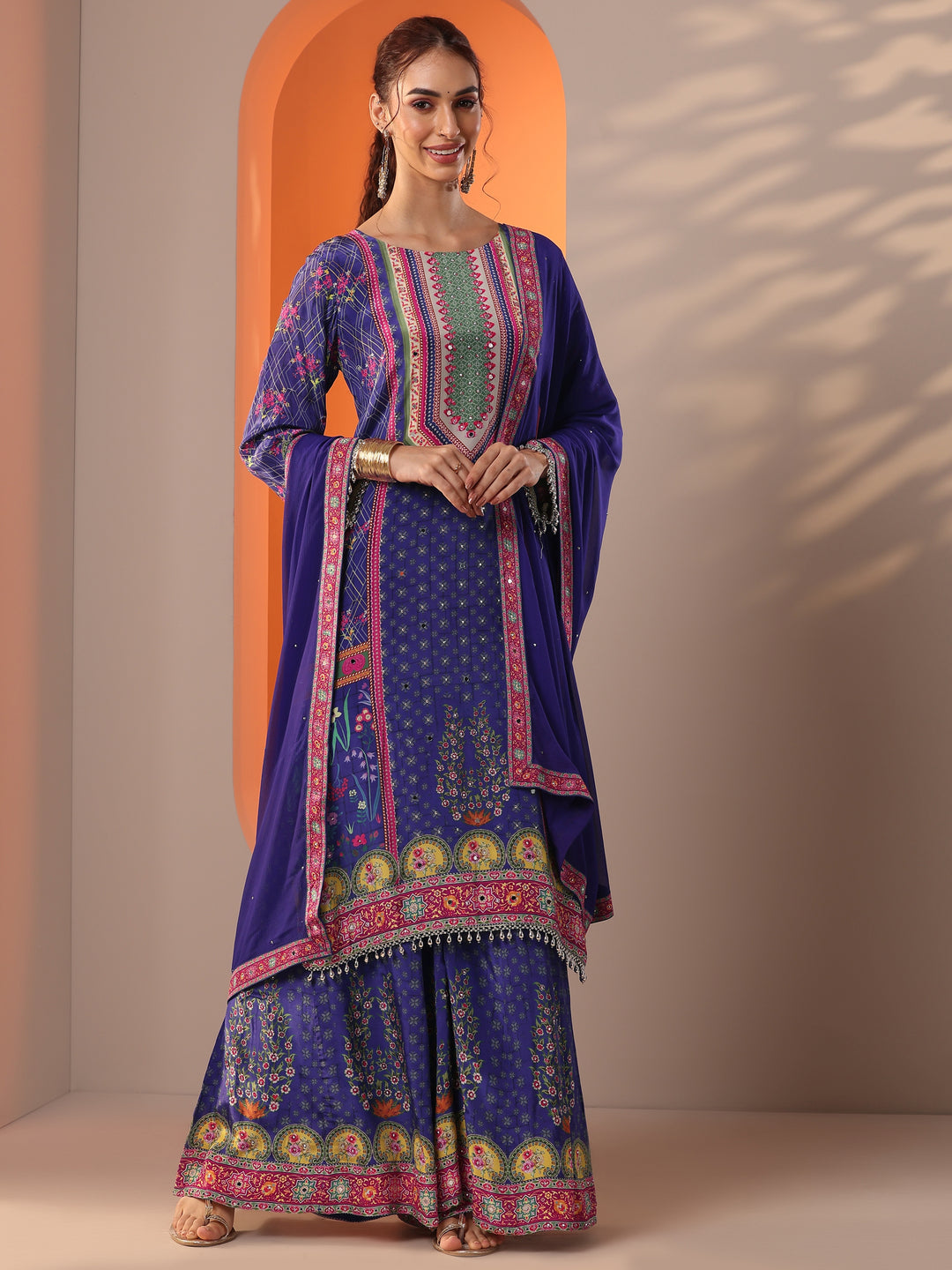 Libas Art Purple Printed Crepe Straight Suit Set With Dupatta