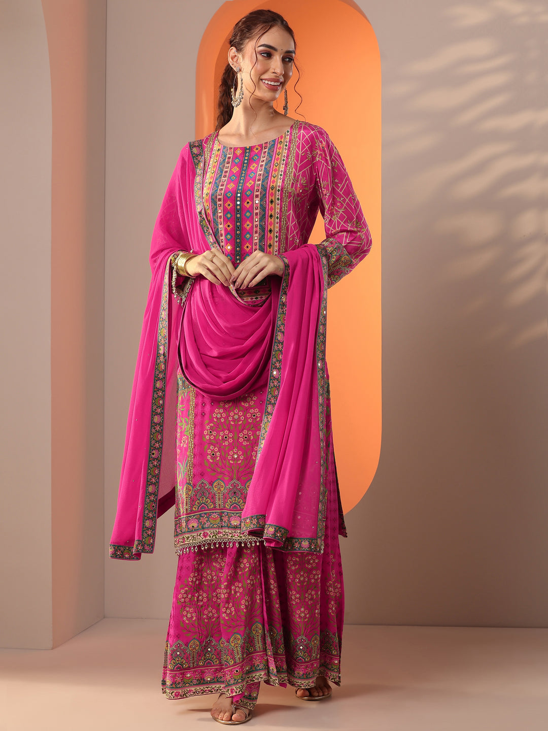 Libas Art Pink Printed Crepe Straight Suit Set With Dupatta
