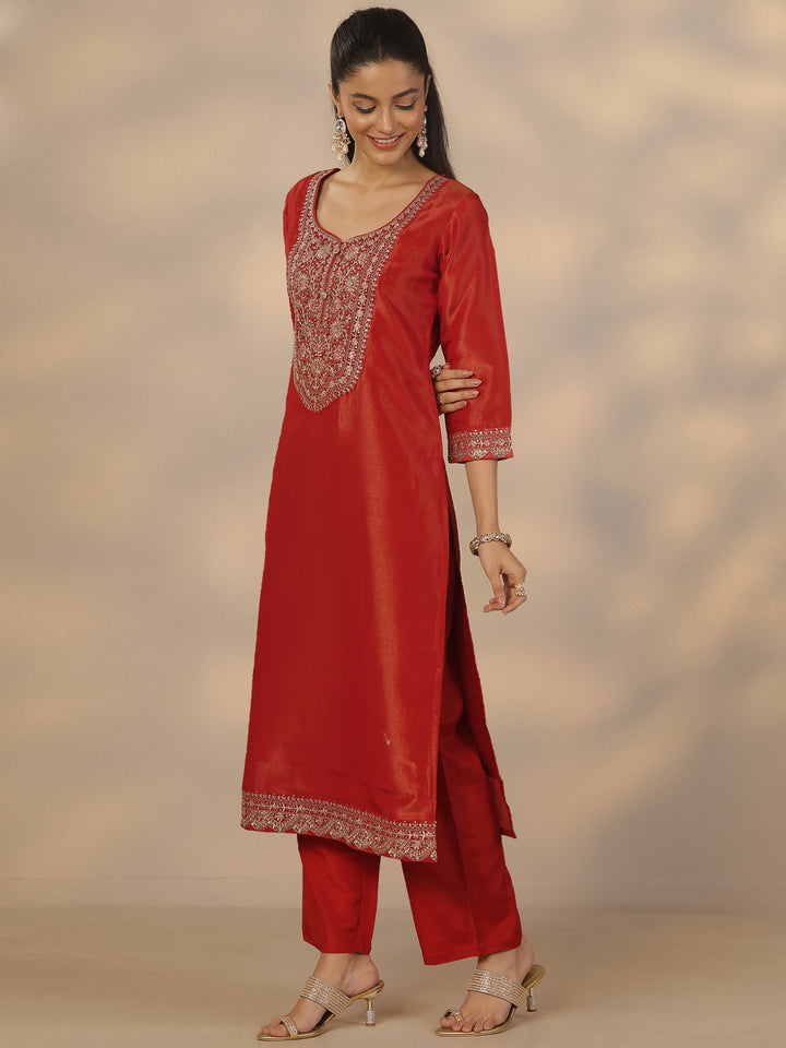 Red Embroidered Silk Blend Straight Suit Set With Dupatta