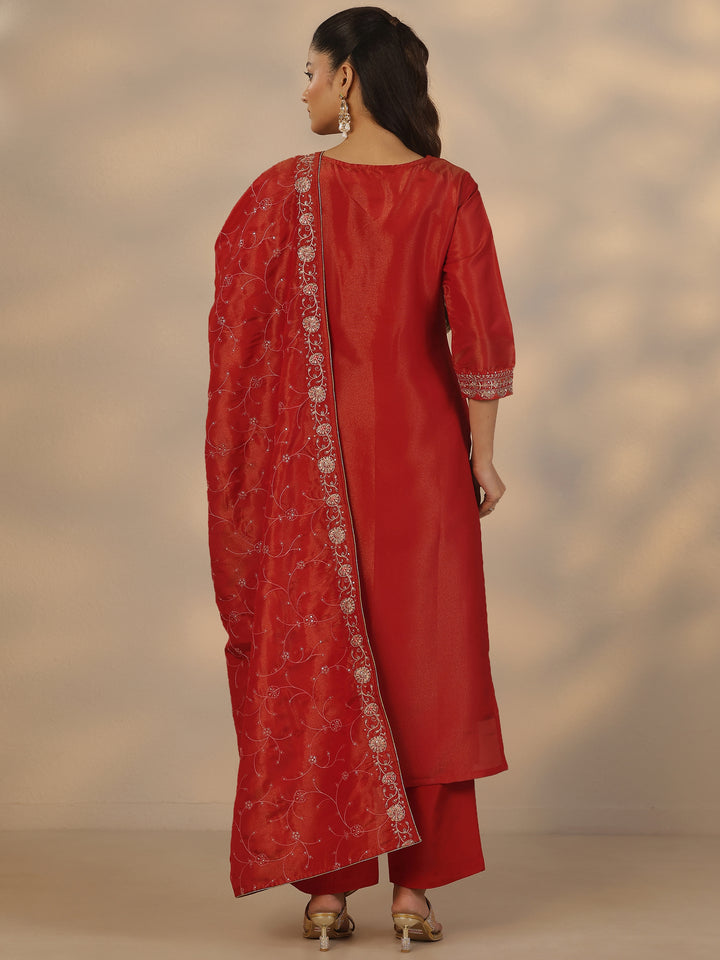 Red Embroidered Silk Blend Straight Suit Set With Dupatta