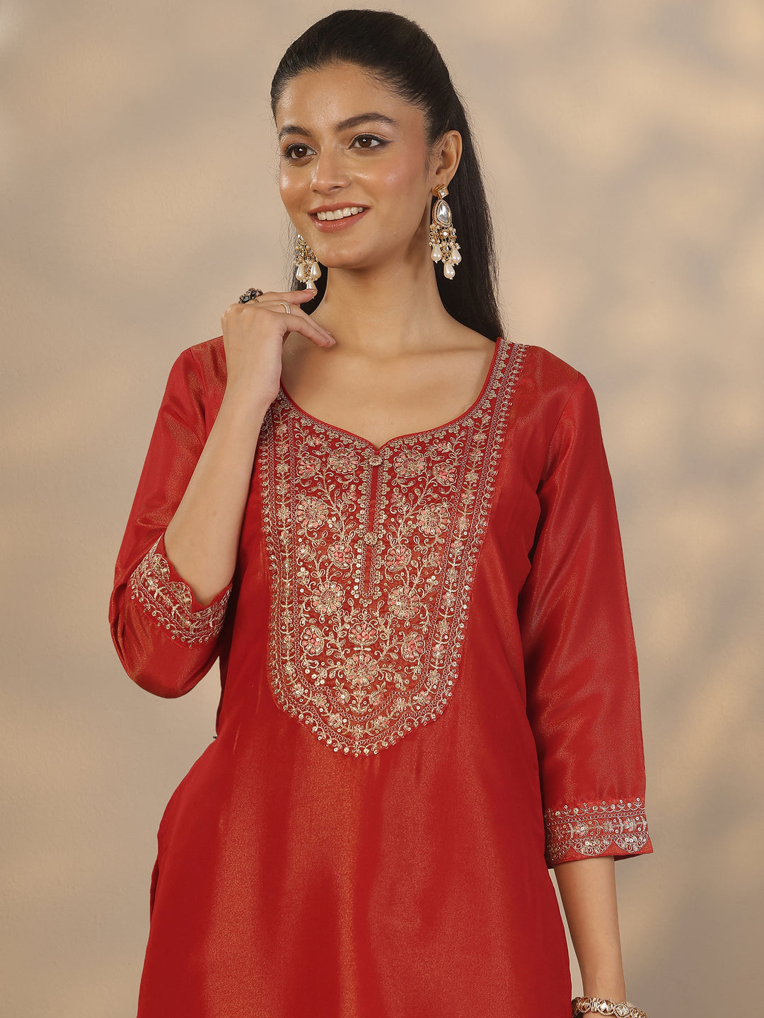 Red Embroidered Silk Blend Straight Suit Set With Dupatta
