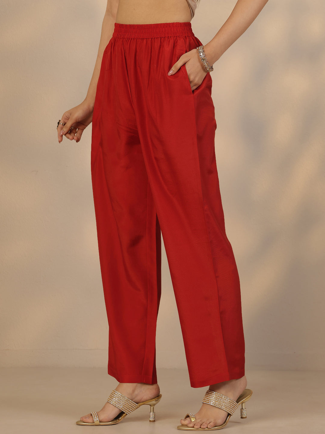 Red Embroidered Silk Blend Straight Suit Set With Dupatta