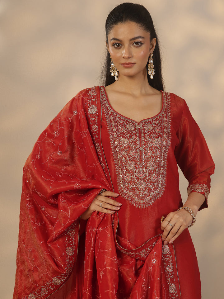 Red Embroidered Silk Blend Straight Suit Set With Dupatta