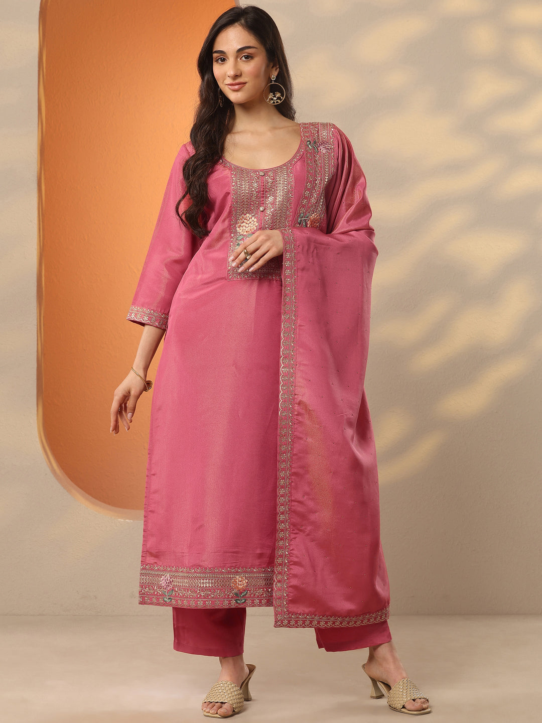 Pink Yoke Design Silk Blend Straight Suit Set With Dupatta
