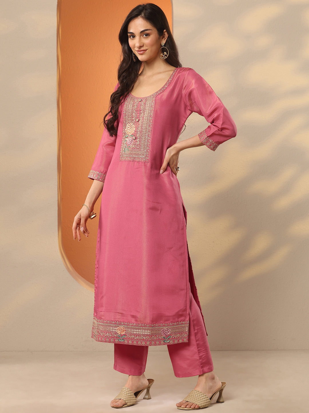 Pink Yoke Design Silk Blend Straight Suit Set With Dupatta