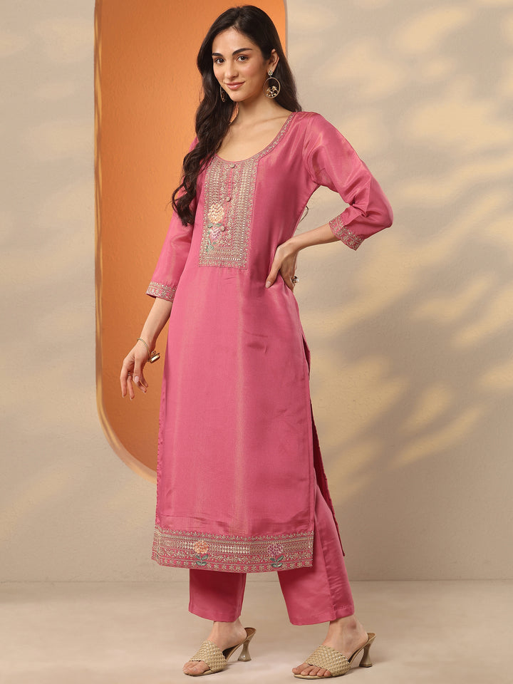 Pink Yoke Design Silk Blend Straight Suit Set With Dupatta