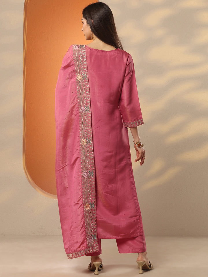 Pink Yoke Design Silk Blend Straight Suit Set With Dupatta