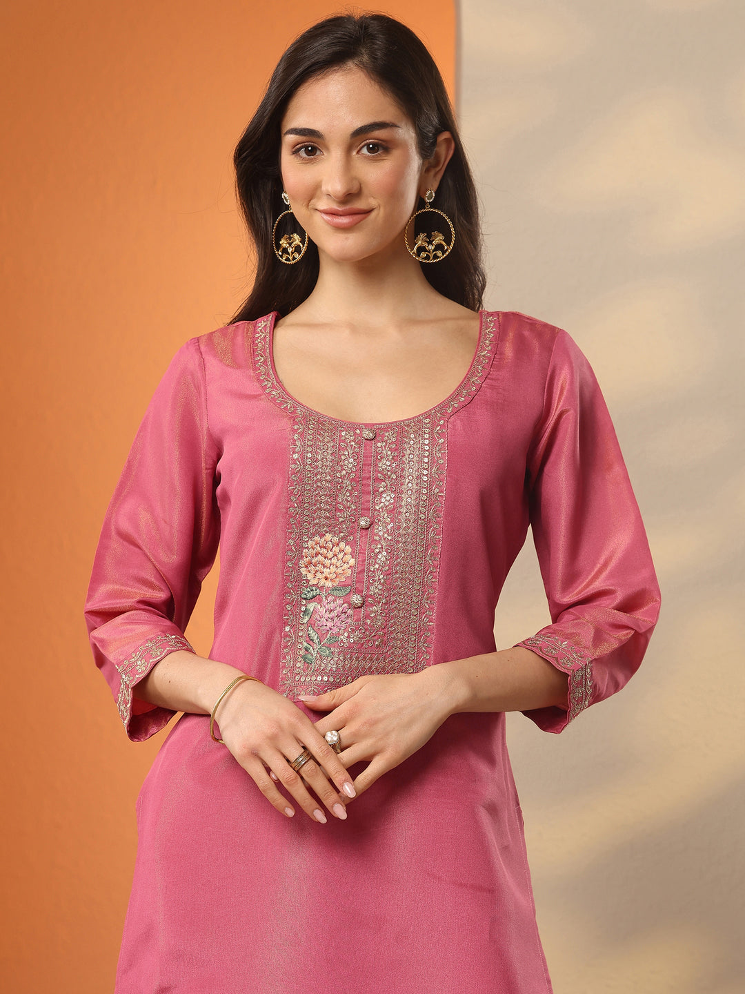 Pink Yoke Design Silk Blend Straight Suit Set With Dupatta