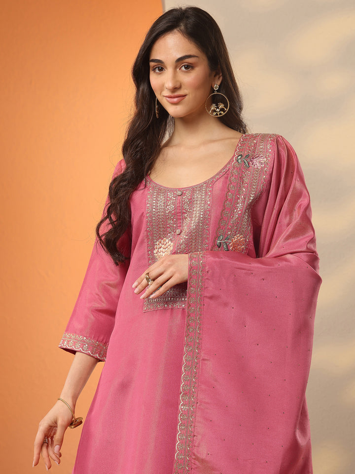 Pink Yoke Design Silk Blend Straight Suit Set With Dupatta