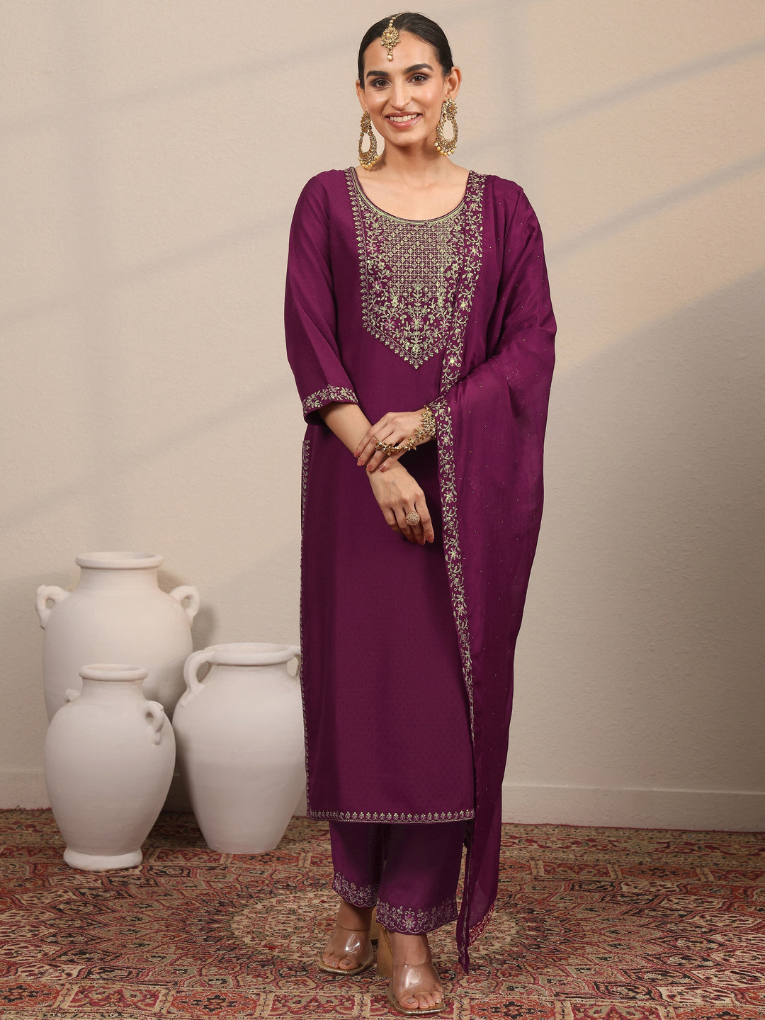 Magenta Yoke Design Silk Blend  Straight Suit Set With Dupatta