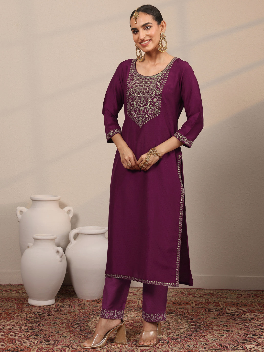 Magenta Yoke Design Silk Blend  Straight Suit Set With Dupatta