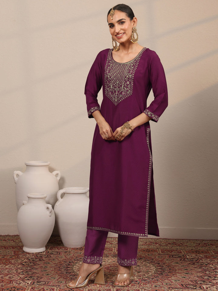 Magenta Yoke Design Silk Blend  Straight Suit Set With Dupatta