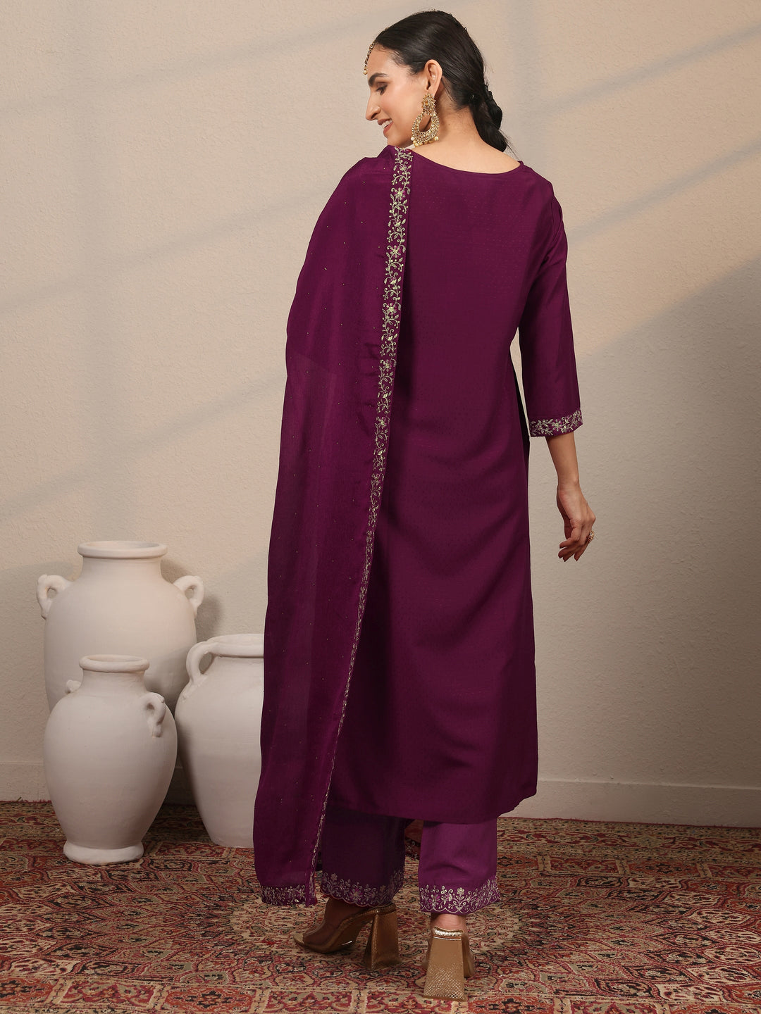 Magenta Yoke Design Silk Blend  Straight Suit Set With Dupatta