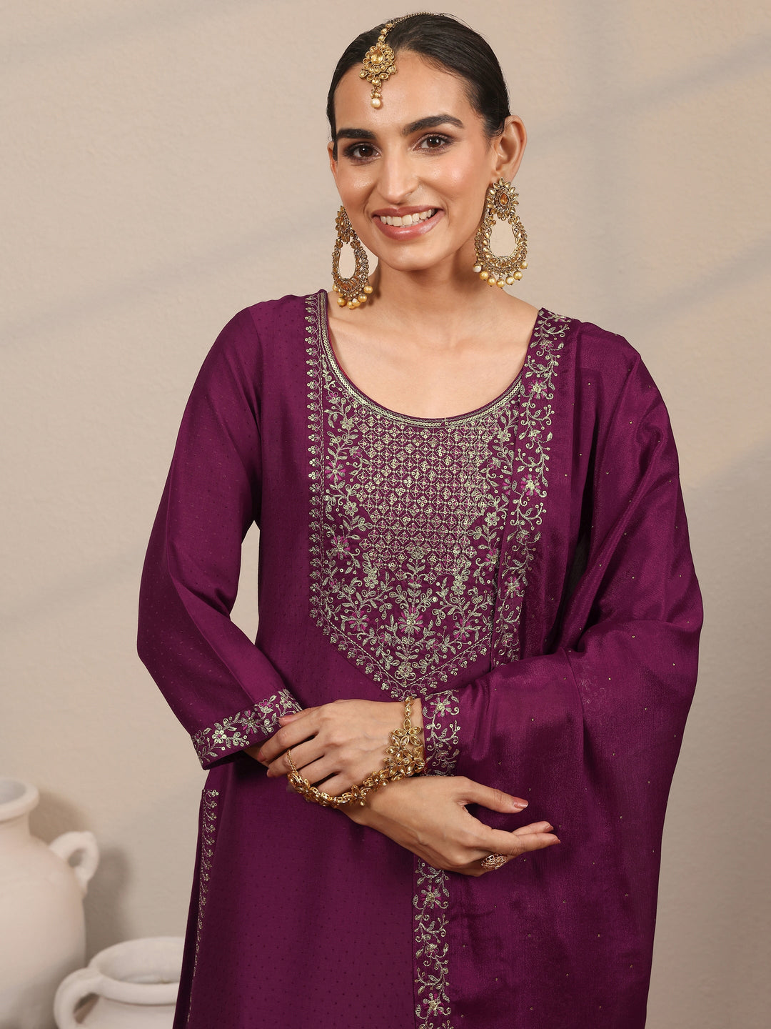 Magenta Yoke Design Silk Blend  Straight Suit Set With Dupatta