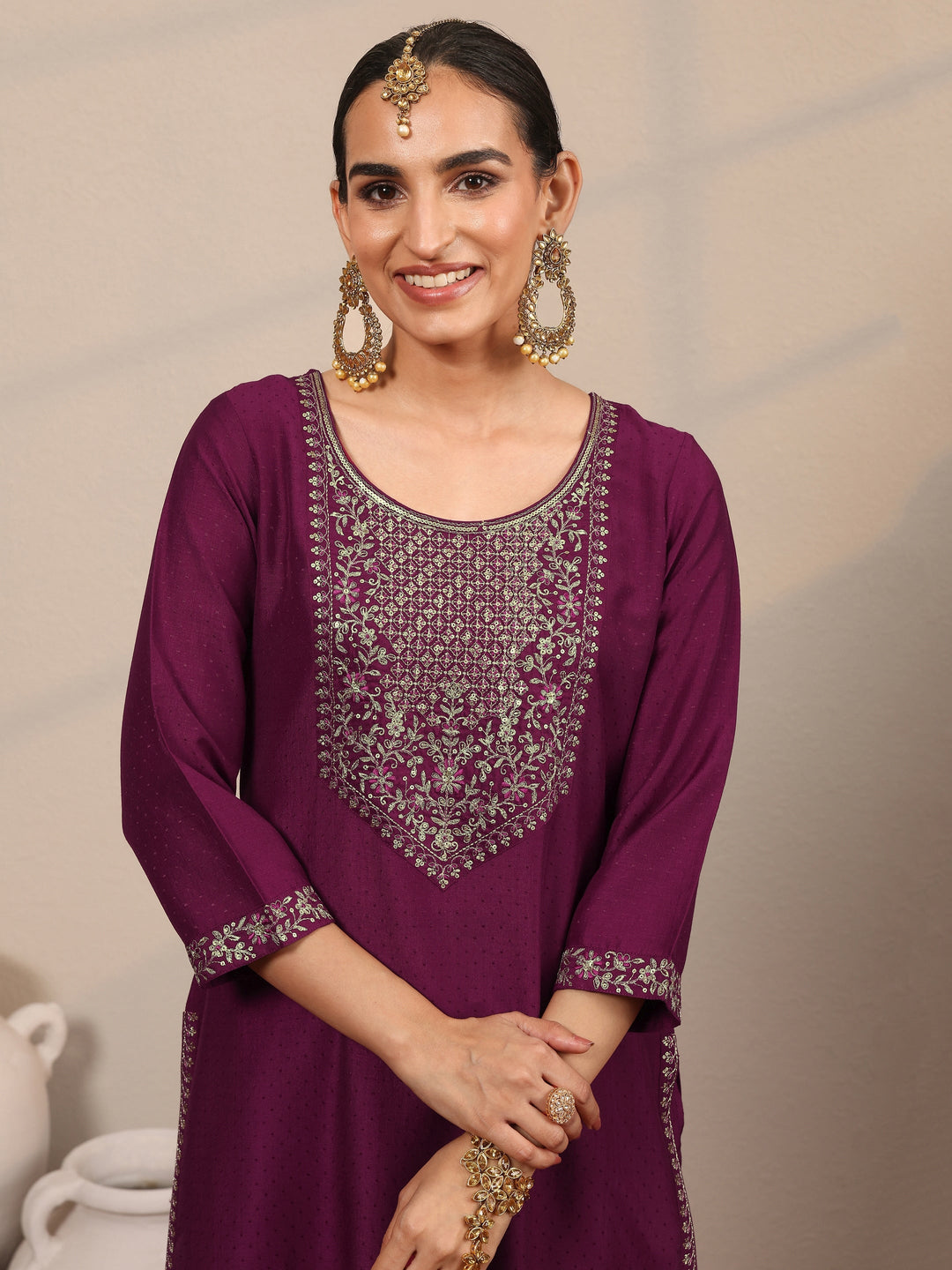 Magenta Yoke Design Silk Blend  Straight Suit Set With Dupatta