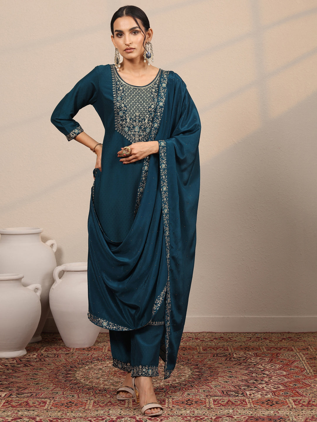Teal Yoke Design Silk Blend  Straight Suit Set With Dupatta