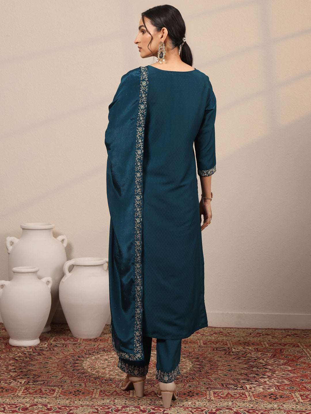 Teal Yoke Design Silk Blend  Straight Suit Set With Dupatta