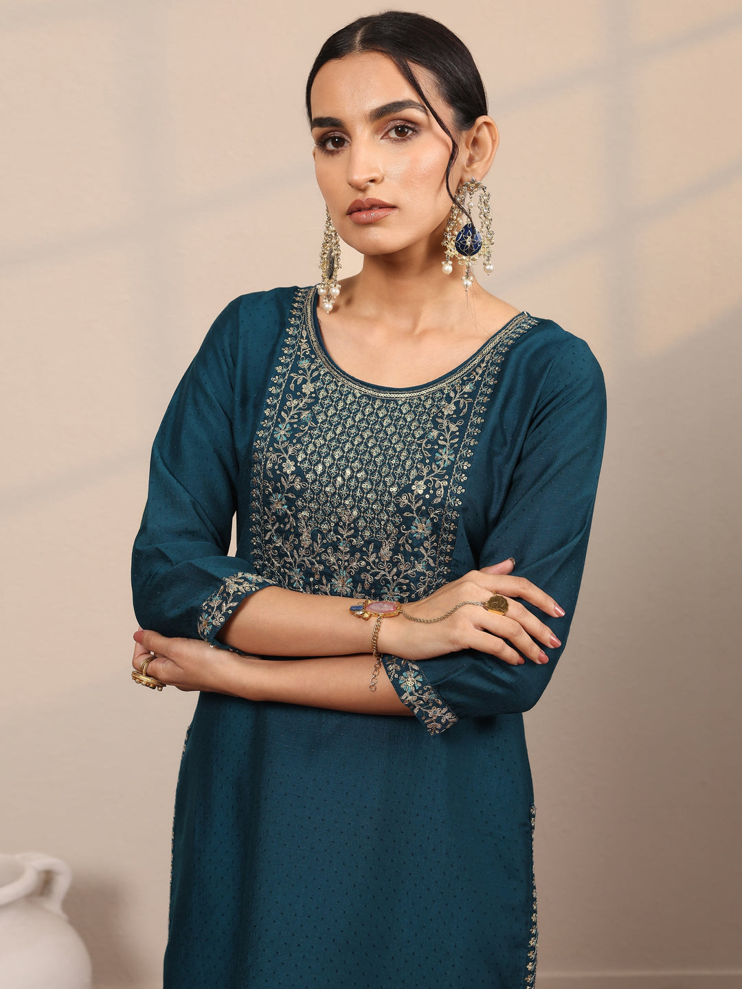 Teal Yoke Design Silk Blend  Straight Suit Set With Dupatta