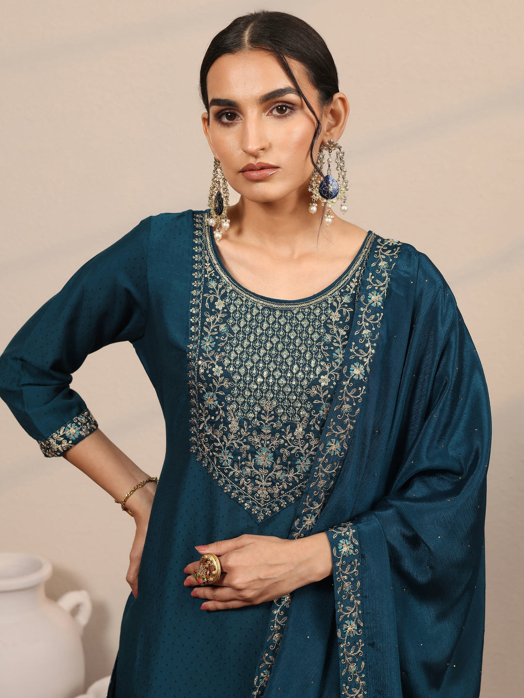 Teal Yoke Design Silk Blend  Straight Suit Set With Dupatta