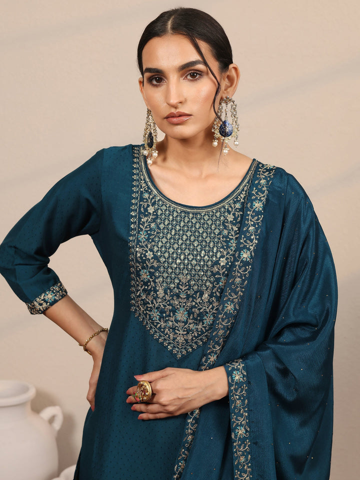 Teal Yoke Design Silk Blend  Straight Suit Set With Dupatta