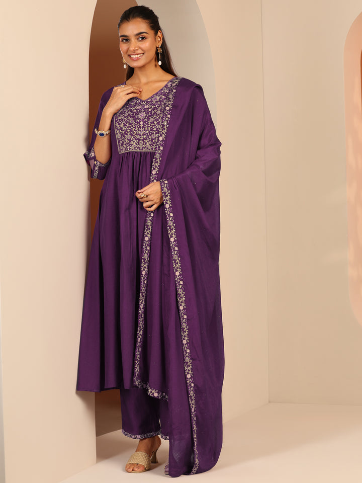 Burgundy Embroidered Silk Blend Anarkali Suit Set With Dupatta