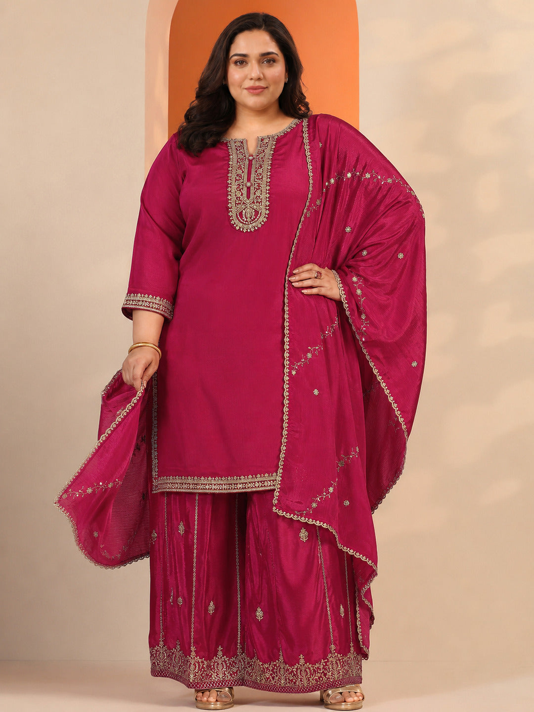 Plus Size Pink Embellished Chinon Straight Suit Set With Dupatta