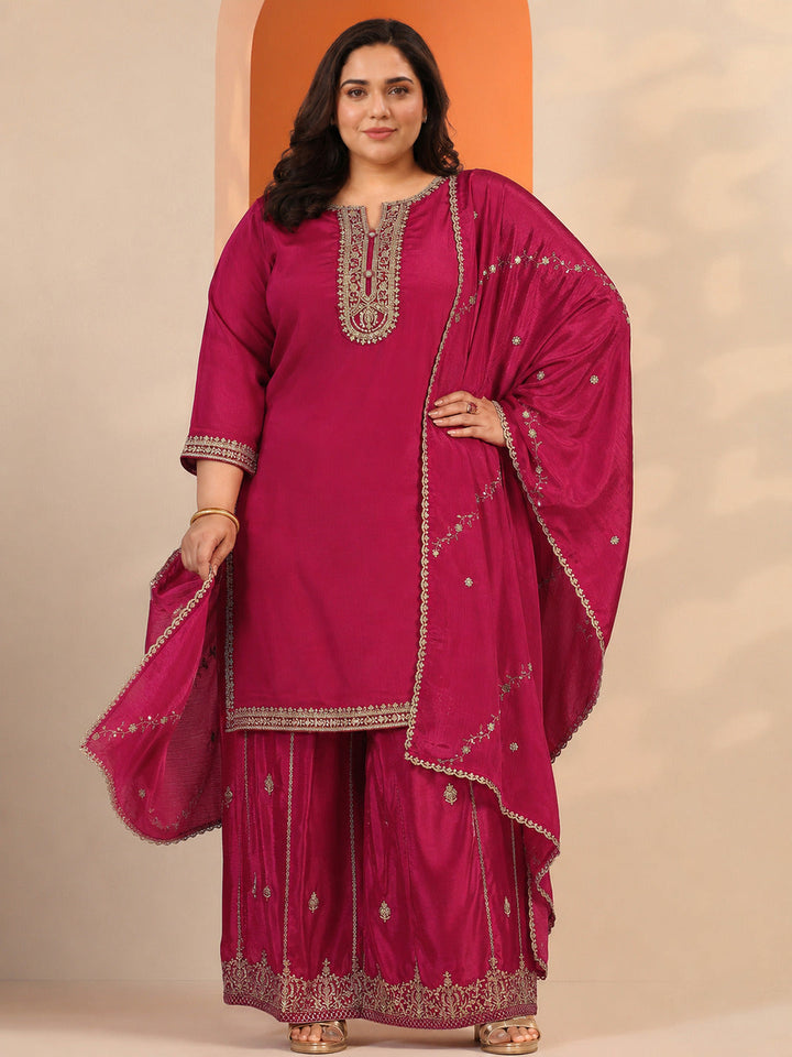 Plus Size Pink Embellished Chinon Straight Suit Set With Dupatta