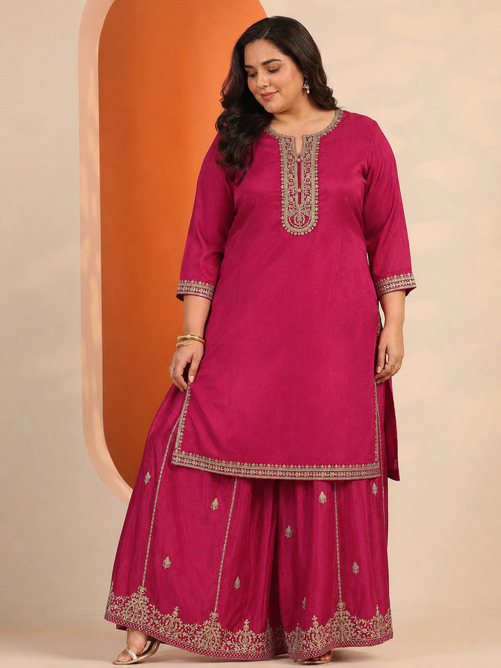 Plus Size Pink Embellished Chinon Straight Suit Set With Dupatta