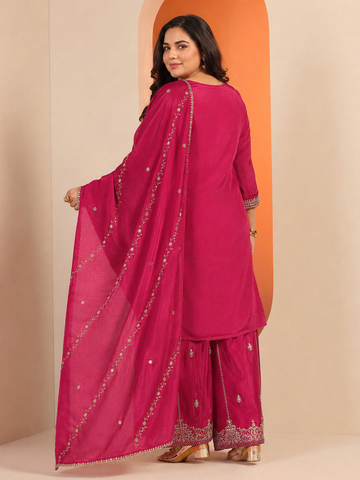 Plus Size Pink Embellished Chinon Straight Suit Set With Dupatta