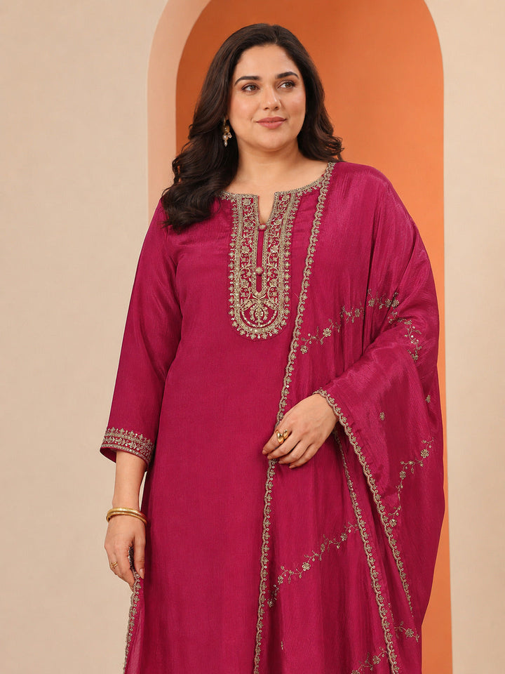 Plus Size Pink Embellished Chinon Straight Suit Set With Dupatta