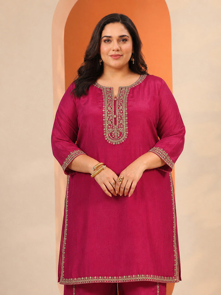 Plus Size Pink Embellished Chinon Straight Suit Set With Dupatta