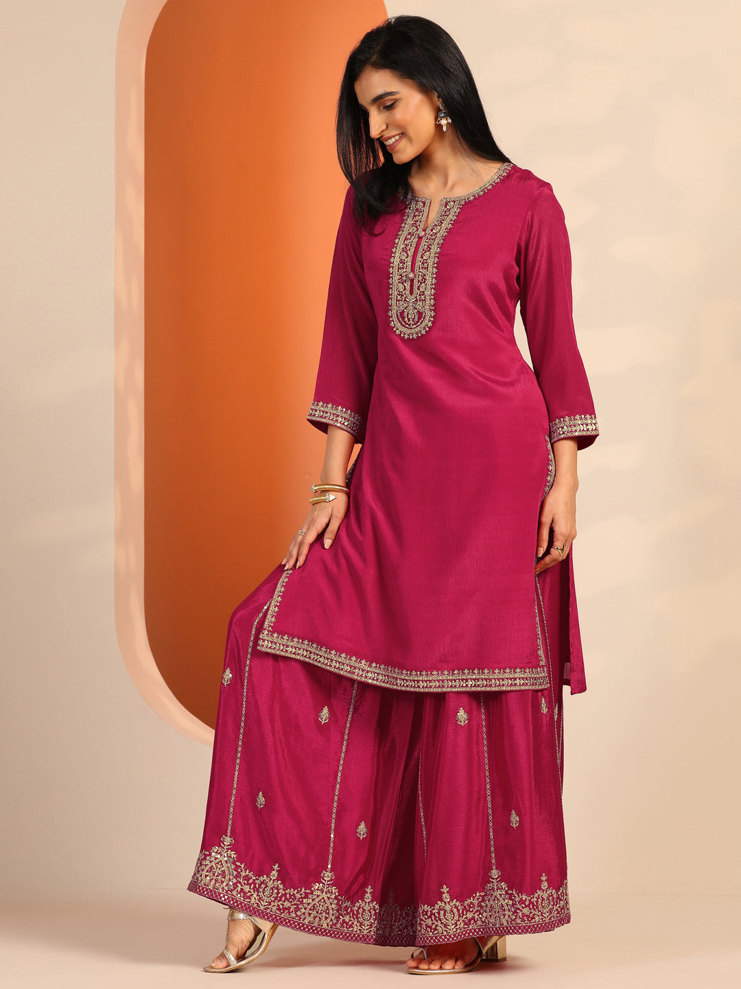 Pink Embellished Chinon Straight Suit Set With Dupatta