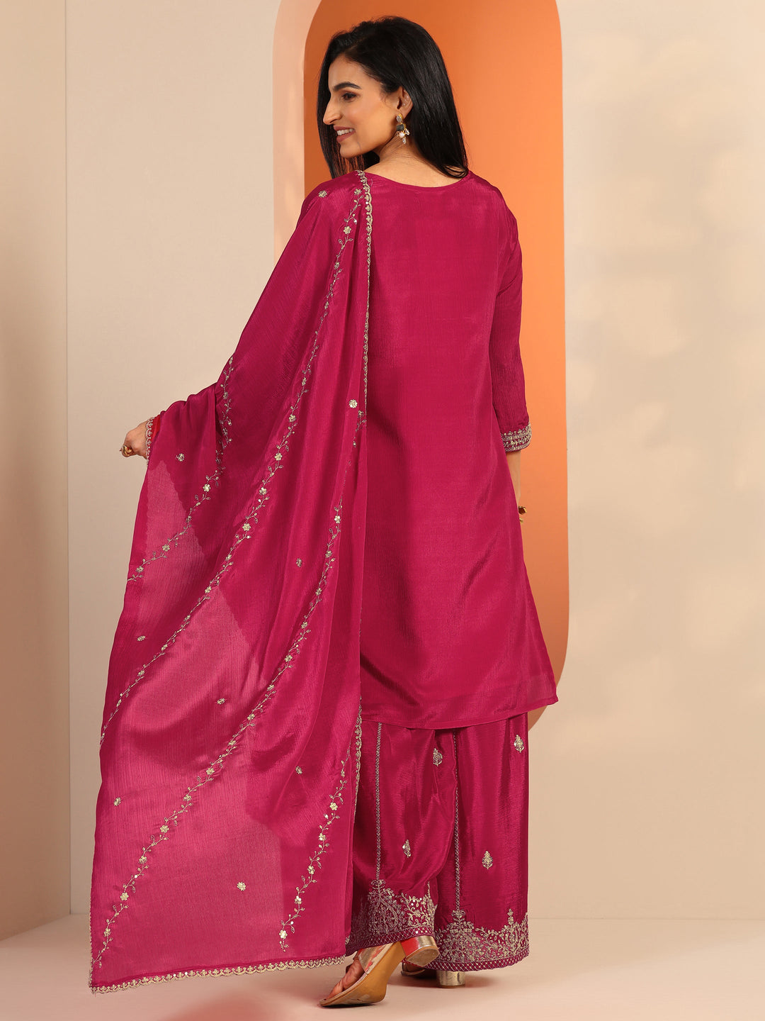 Pink Embellished Chinon Straight Suit Set With Dupatta