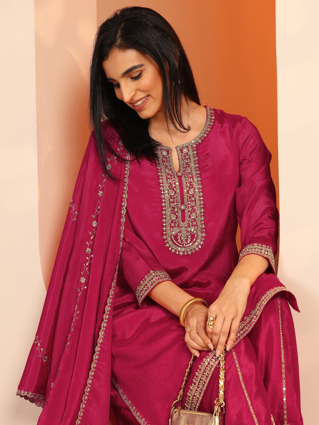 Pink Embellished Chinon Straight Suit Set With Dupatta