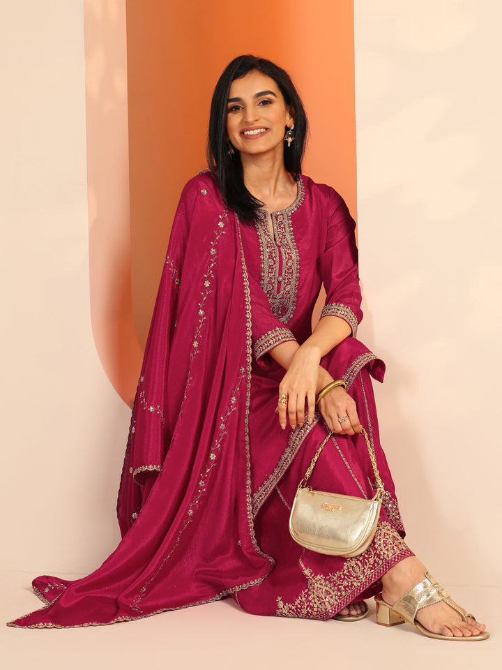 Pink Embellished Chinon Straight Suit Set With Dupatta