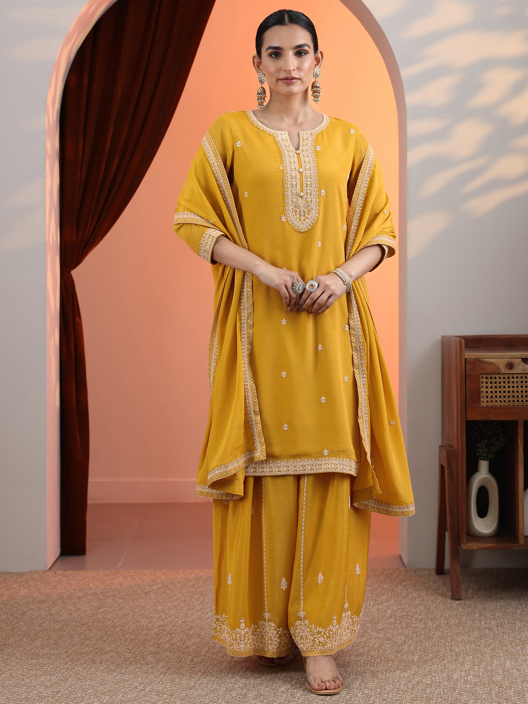 Yellow Embroidered Chinon Straight Suit Set With Dupatta