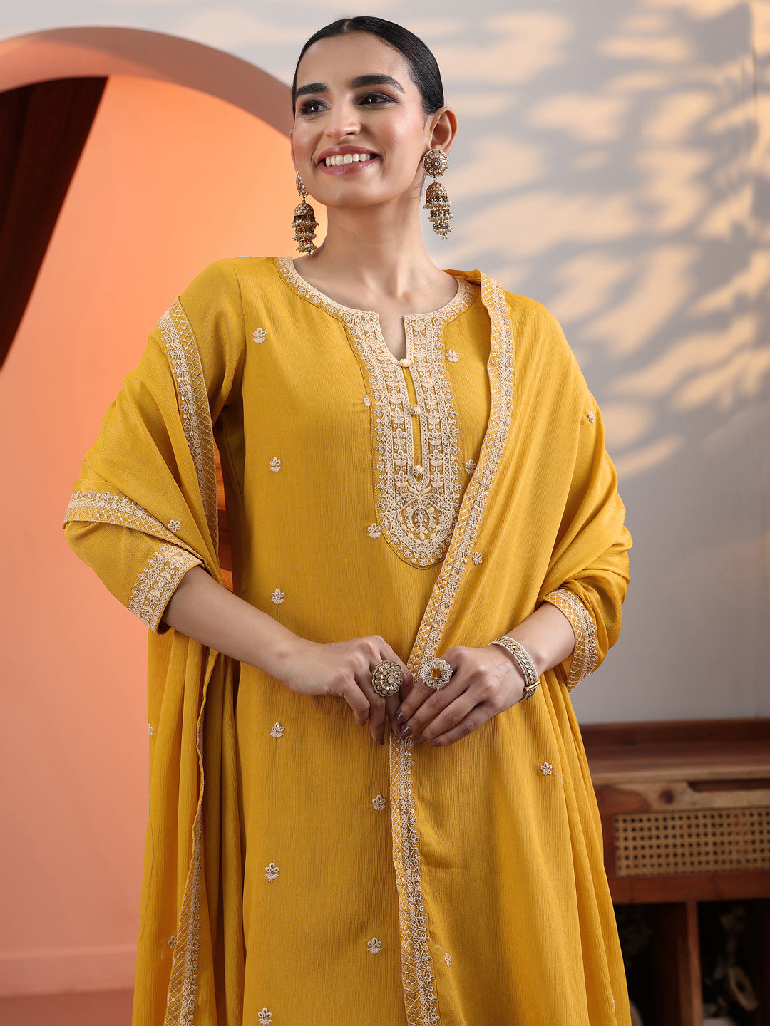 Yellow Embroidered Chinon Straight Suit Set With Dupatta