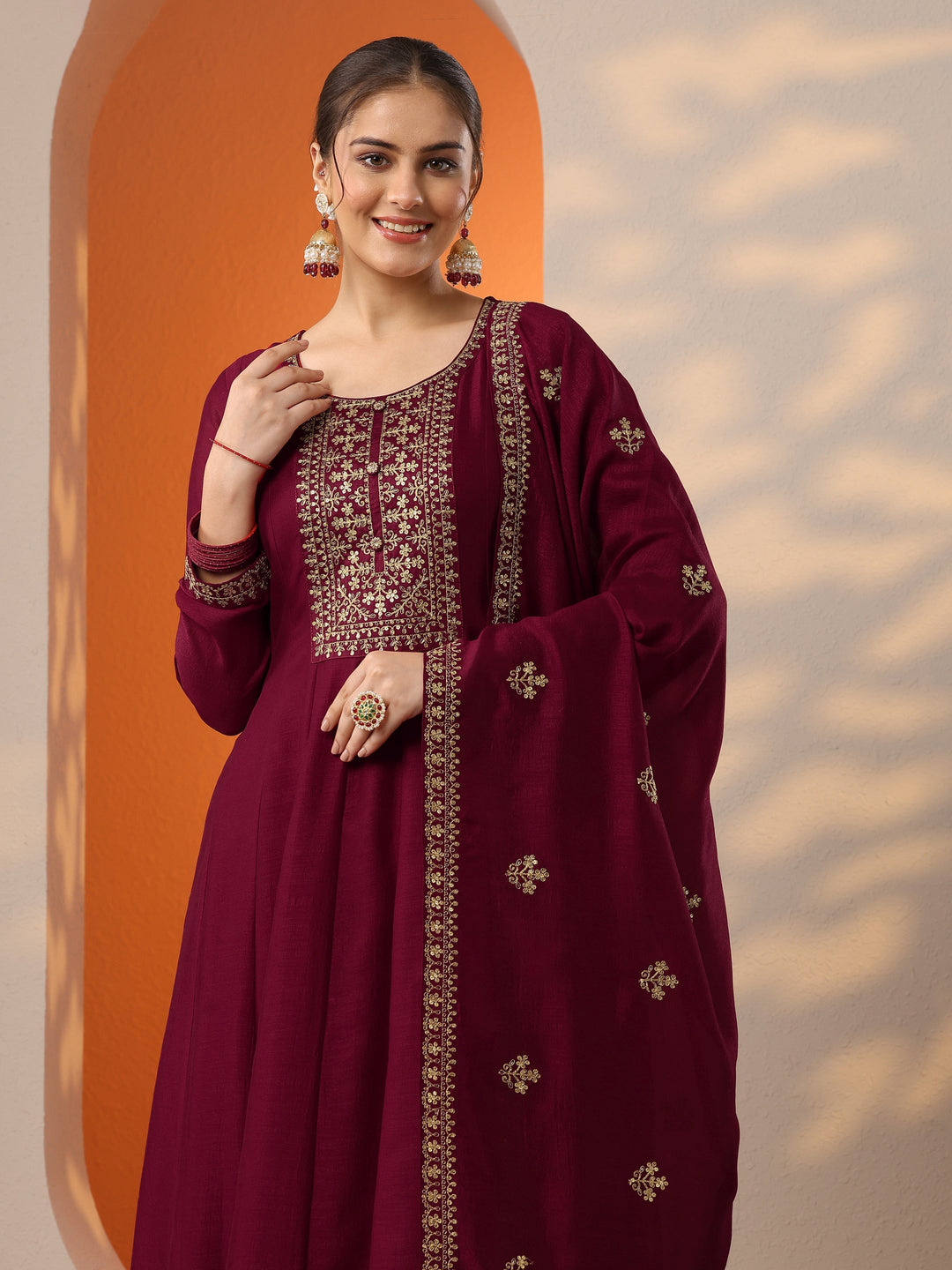 Maroon Embroidered Silk Blend Anarkali Suit Set With Dupatta