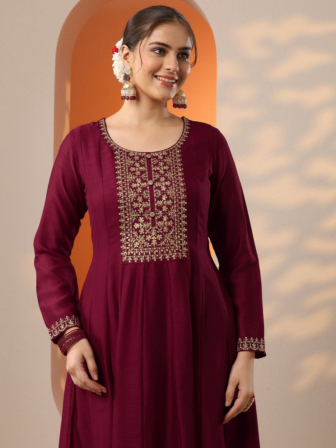 Maroon Embroidered Silk Blend Anarkali Suit Set With Dupatta