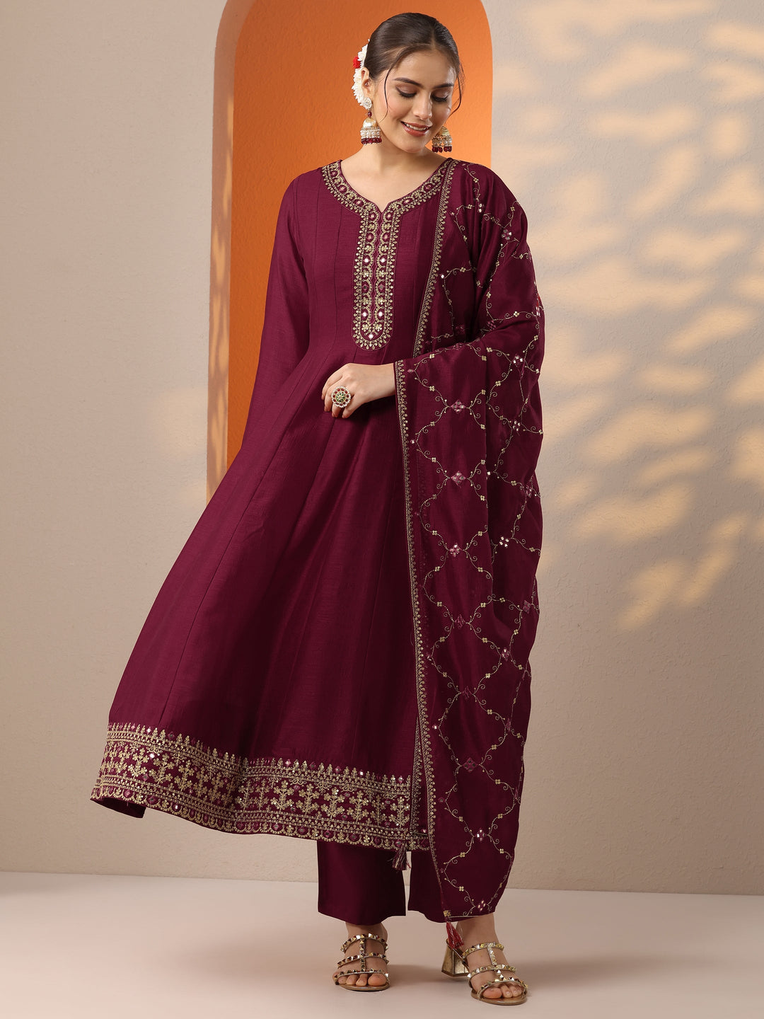 Maroon Embroidered Silk Blend Anarkali Suit Set With Dupatta