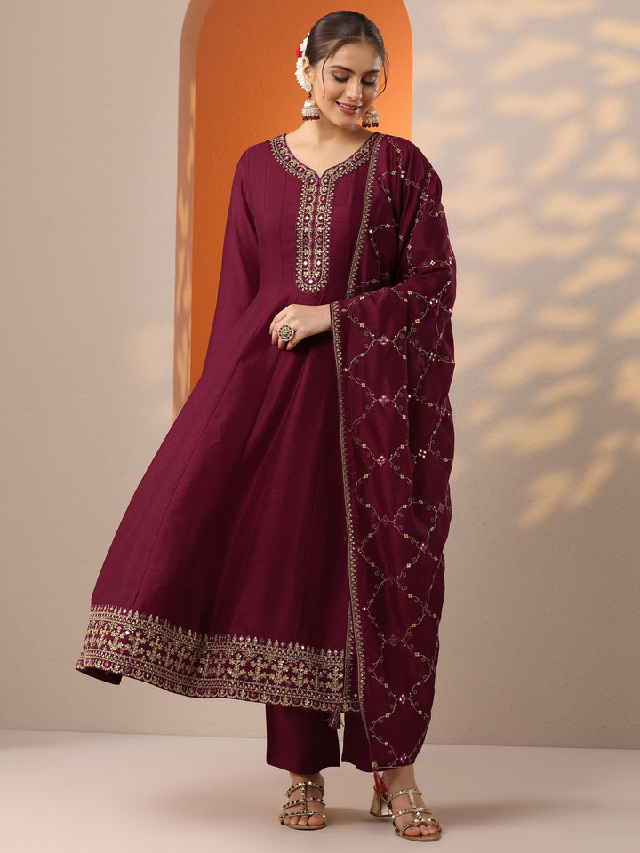 Maroon Embroidered Silk Blend Anarkali Suit Set With Dupatta