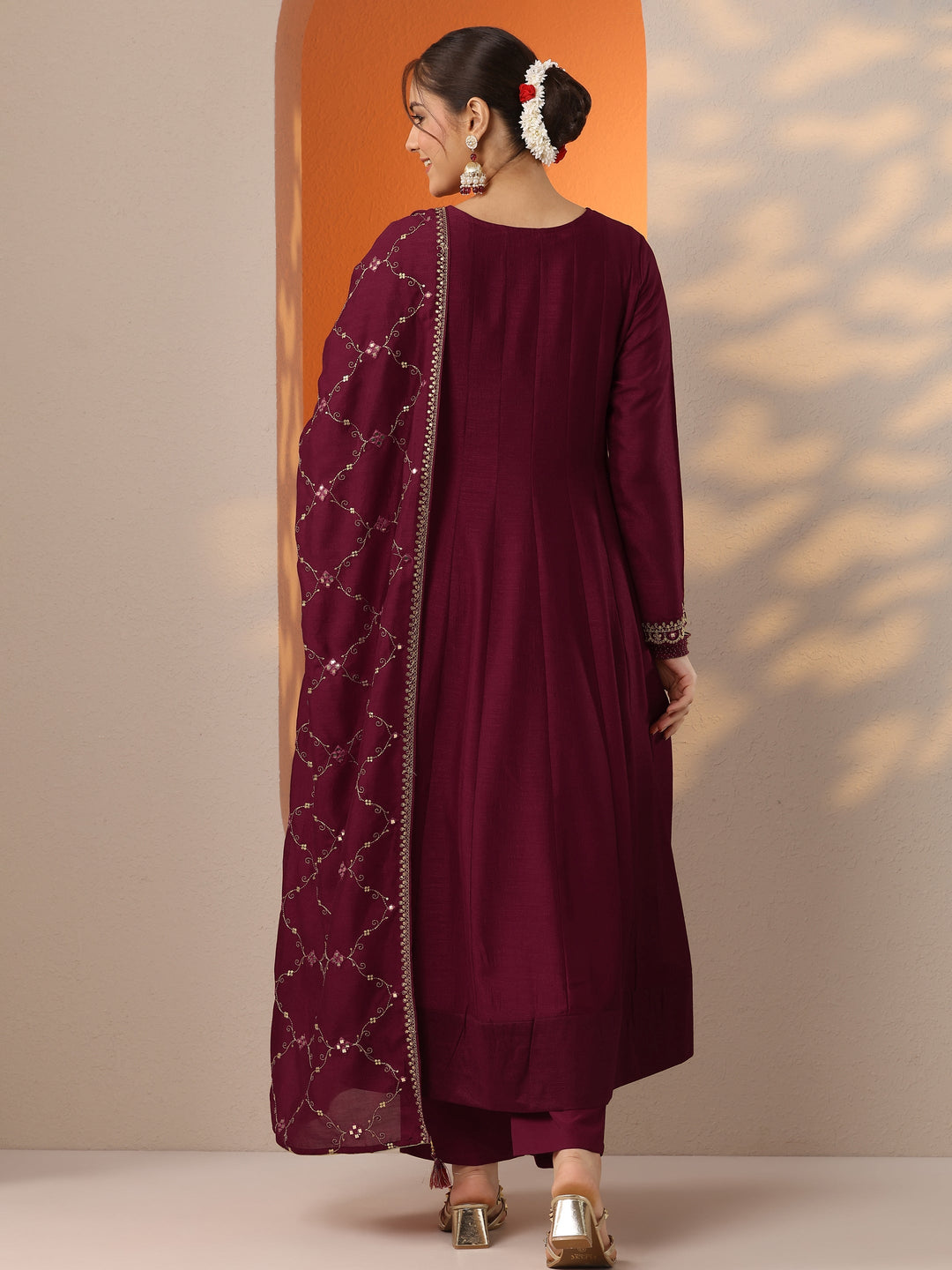 Maroon Embroidered Silk Blend Anarkali Suit Set With Dupatta
