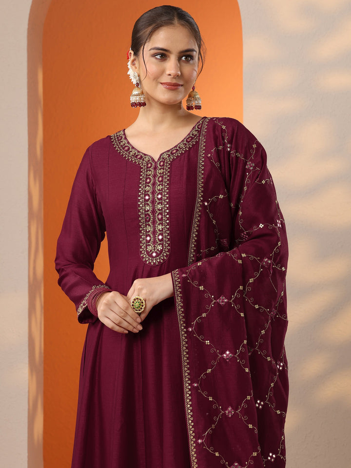 Maroon Embroidered Silk Blend Anarkali Suit Set With Dupatta