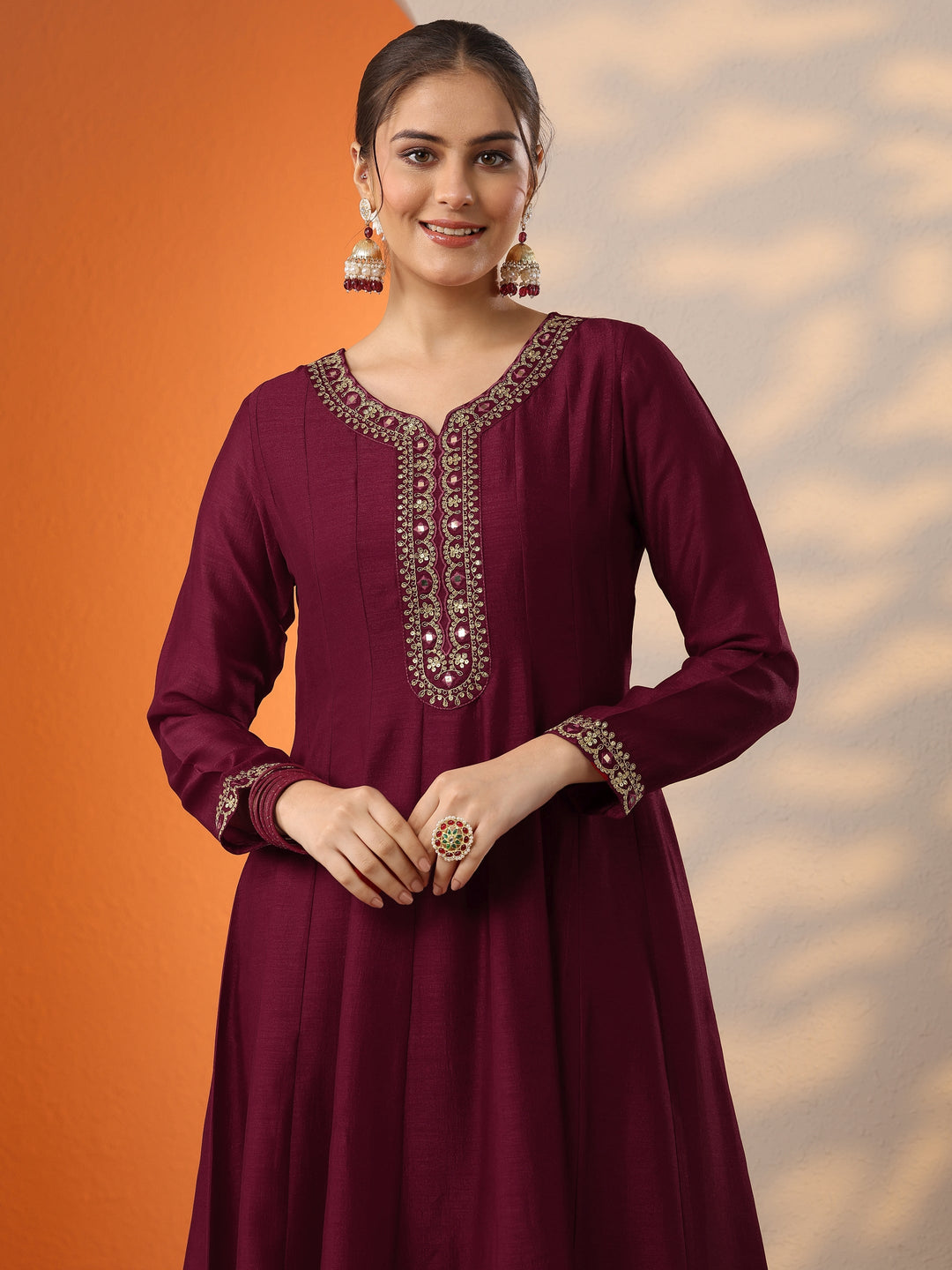 Maroon Embroidered Silk Blend Anarkali Suit Set With Dupatta