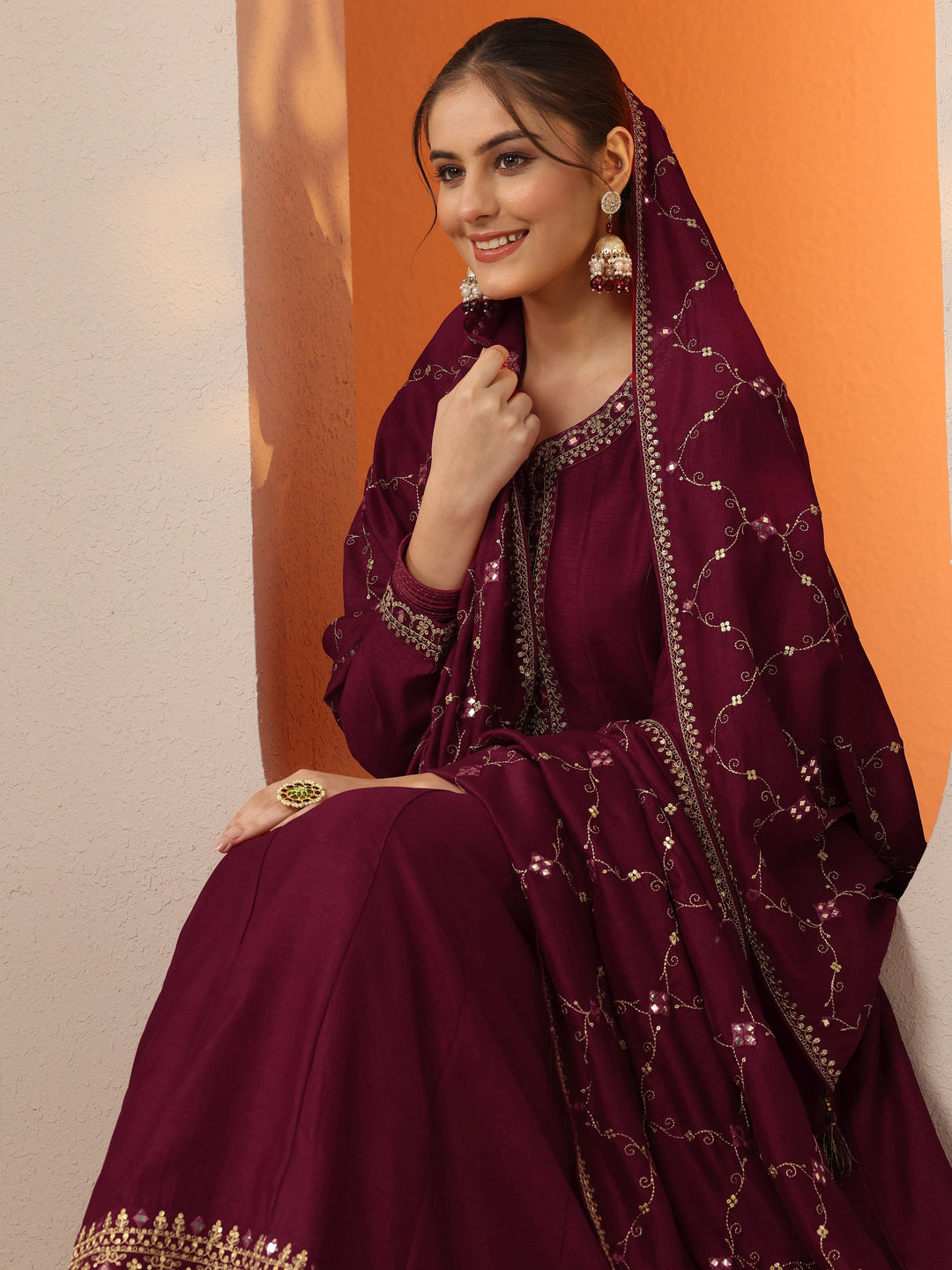 Maroon Embroidered Silk Blend Anarkali Suit Set With Dupatta