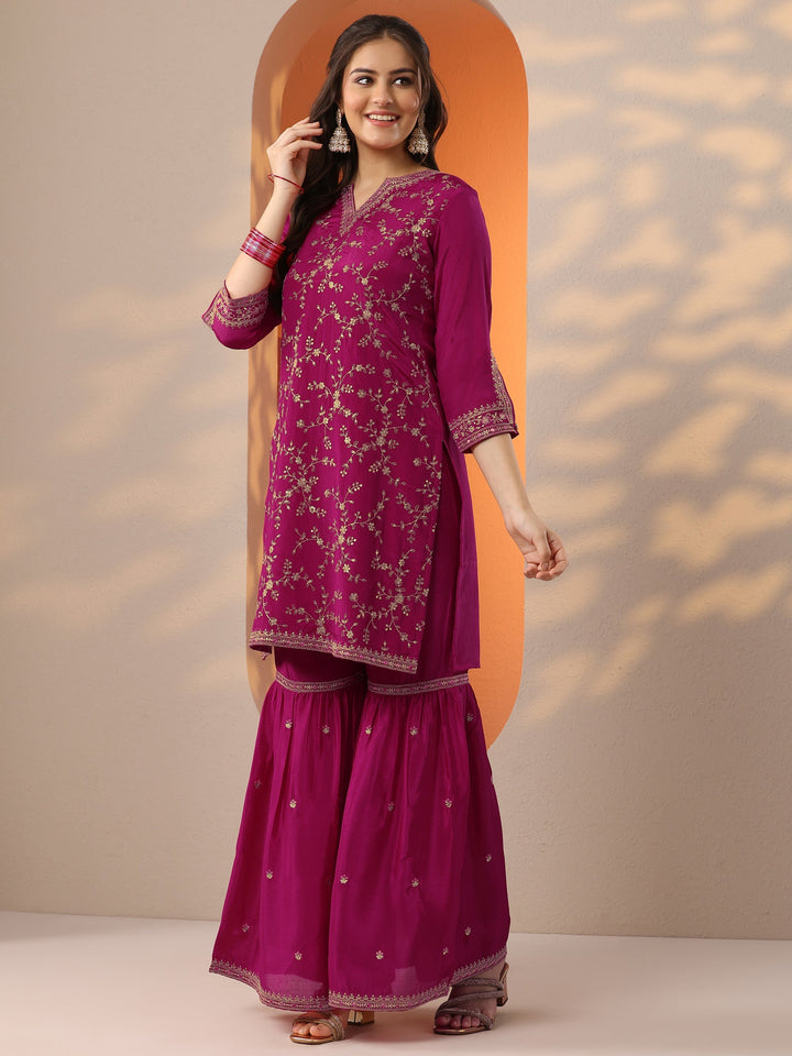 Pink Embroidered Chinon Straight Suit Set With Dupatta