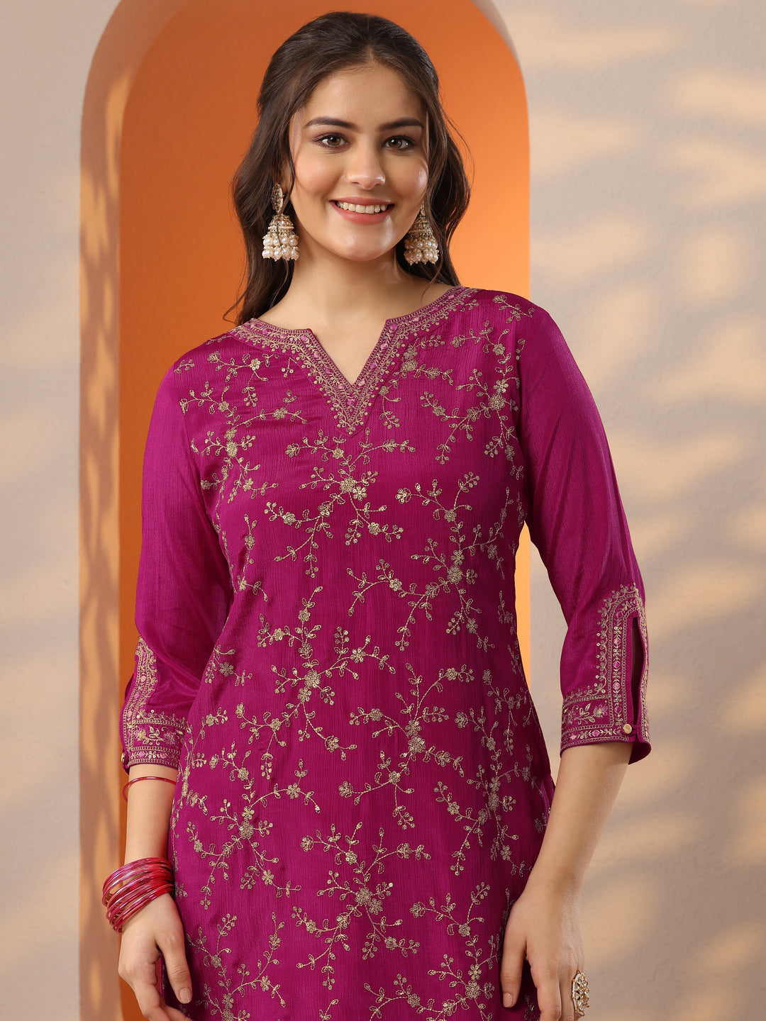 Pink Embroidered Chinon Straight Suit Set With Dupatta